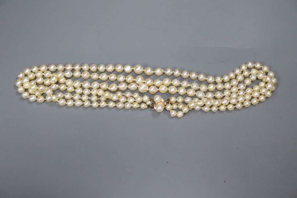 A triple strand cultured pearl necklace, with cultured pearl set yellow metal clasp, 51cm.